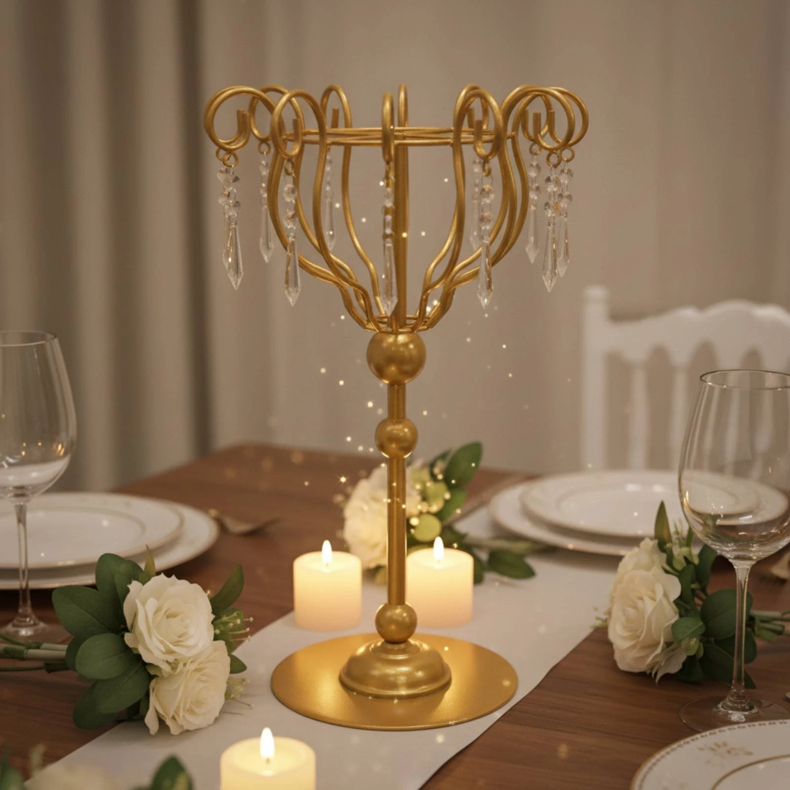 Iron Decorative Flower Stand Ornate Flower Stand with Crystal Pendants Elegant Tall for Banquet Decoration