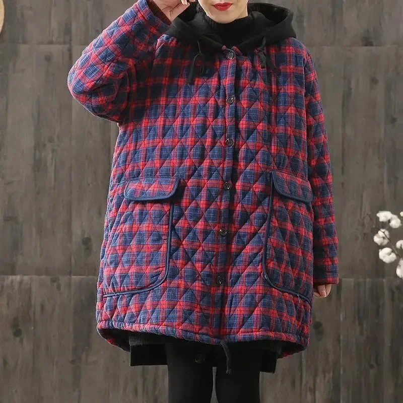 Winter Retro Loose Thick Quilted Cotton Cloth Large Size Cotton-Padded Clothes Women's Cotton Linen Plaid with Middle Long Coat