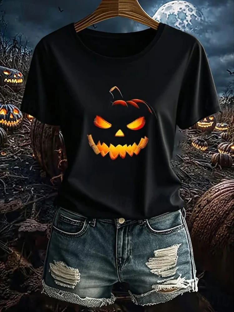 

Женская футболка Evil Pumpkin Face, повседневная уличная вечеринка, с коротким рукавом, костюм на Хэллоуин 2025 года, свободный топ с круглым вырезом
