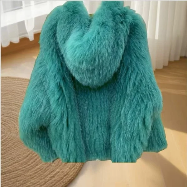 معطف نسائي شتوي من فرو الثعلب الصناعي معطف فضفاض قصير الطول عالي الجودة سترة بقلنسوة ملابس خارجية دافئة JJ131