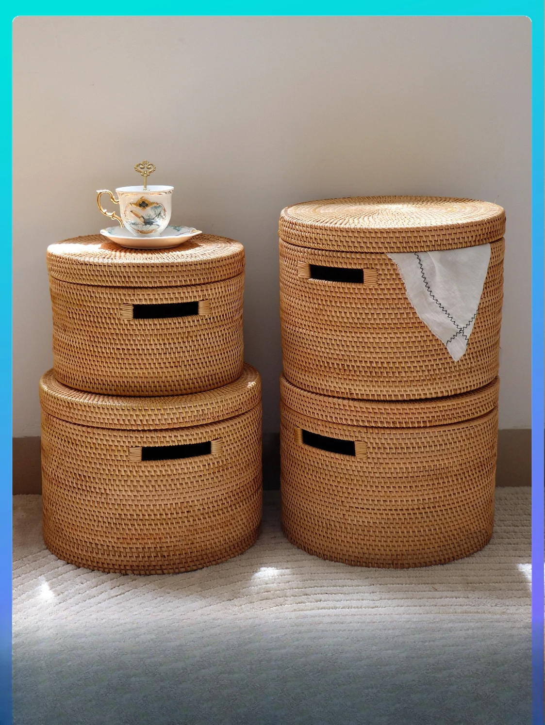 Handmade rattan storage basket, desktop storage basket, American retro ins Nordic dust-proof sundries