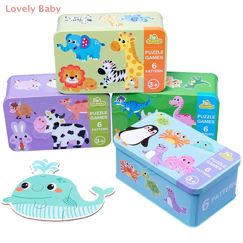 【BBS-7】1 Set Educational Toys Montessori 6 In 1 Cartoon Car Animal Wooden Iron Box Jigsaw Puzzle Board Game For Kids