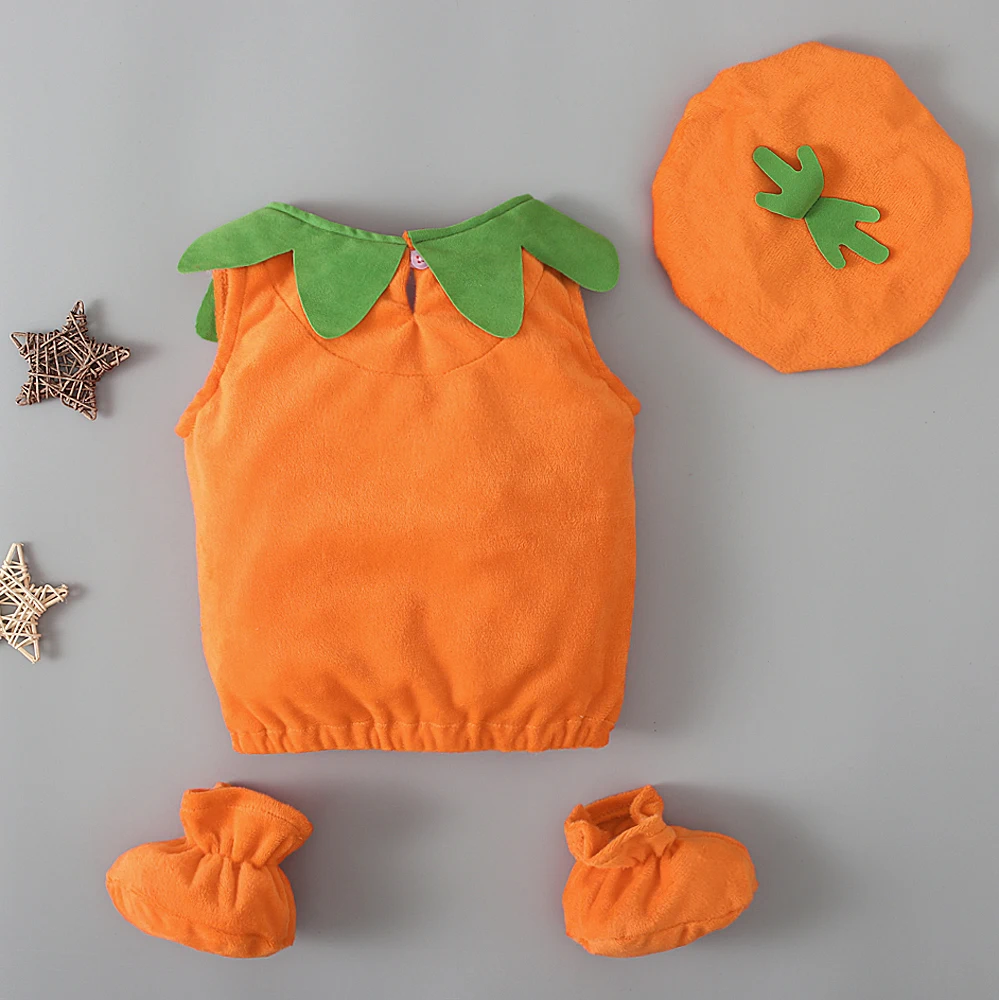 Boys and girls autumn and winter sleeveless Halloween pumpkin top + pumpkin hat + shoes three-piece children\'s clothing set