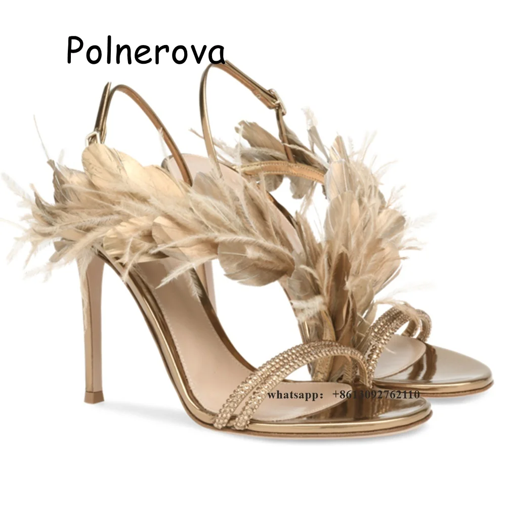 

Feather Rhinestone Sandals One Word Belt Thin High Heels Women's Sandals Open Toe Back Strap Summer Elegant All-Match Shoes