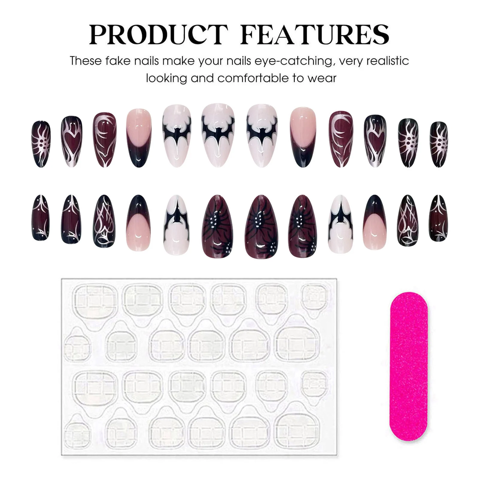 24 قطعة Y2k الشرير نمط أظافر صناعية التدرج أسود أحمر فريش هالوين الصحافة على الأظافر الخفافيش العنكبوت نمط مطبوعة وهمية مسمار بقع #5