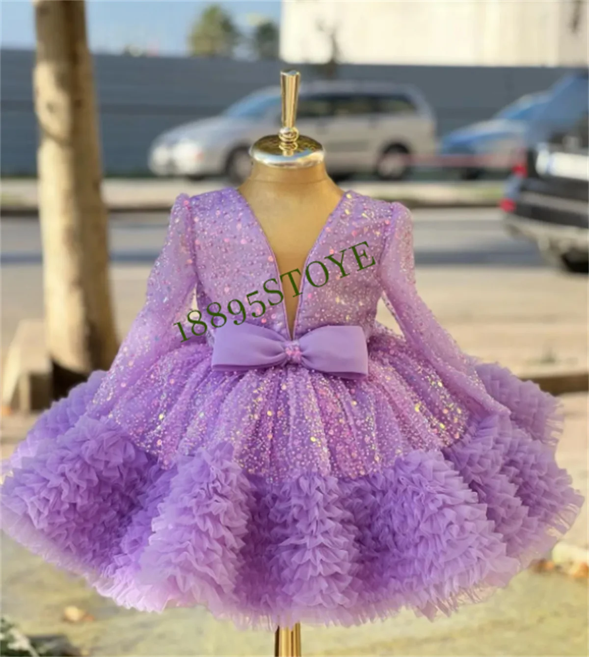 

Sequins Flower Girl Dress Birthday Full Sleeve Sparky Ball Gown Bow Knee Length Kids Princess Dress First Communion Purple 2023