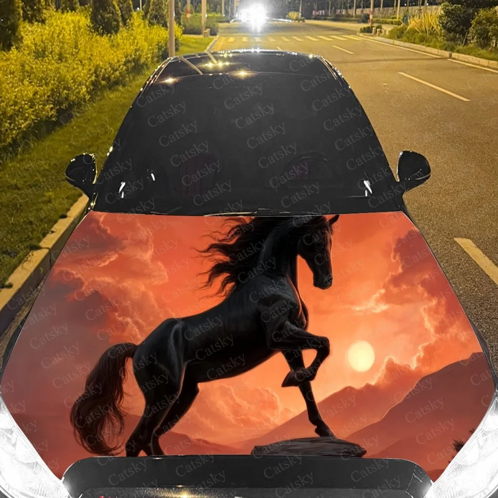 

Элегантная черная лошадь от огненного неба заката, смелая обертка на капот для ударов в стиле автомобиля. Наклейка на капот автомобиля