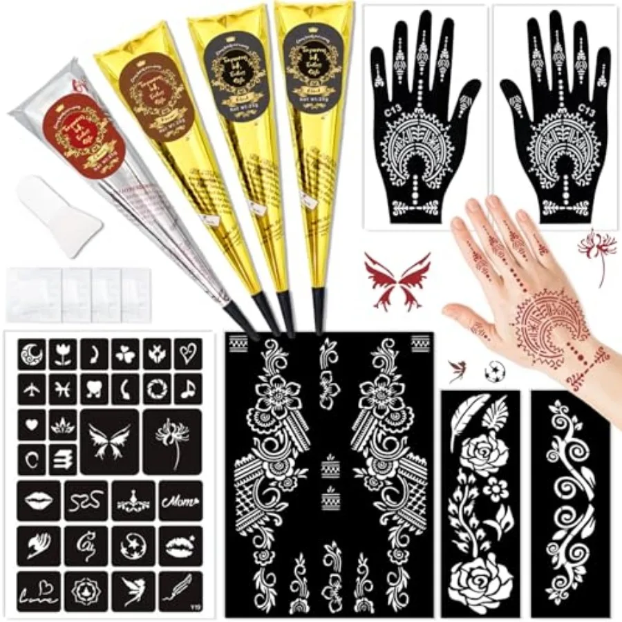

Temporary Stencils Tattoos Kit, 4 Pcs Tattoo Cones 3 Color 2 Black 1 Maroon 1 Cherry Red with Gloves Brush Tool, DIY Body Art S