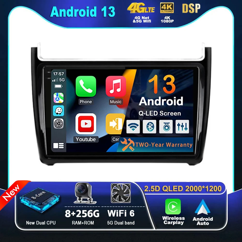 

Android 13 For Volkswagen VW Polo Sedan 2008 - 2015 Carplay Car Radio Navigation GPS Multimedia Player WiFi+4G Stereo Video DSP