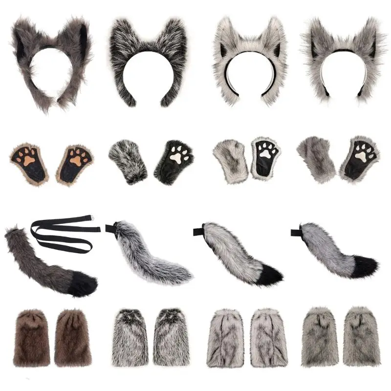 A52E Warme Pelzigen Wolf Cosplay Zubehör Mit Ohren Stirnband Und Fäustlinge Fantasy Cosplay Requisiten Für Winter Event – Detail 1