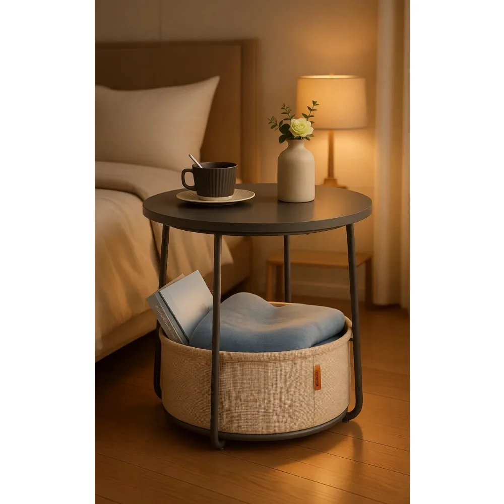 

Small Round Side Table with Fabric Basket Modern Nightstand Cement Gray Cream White