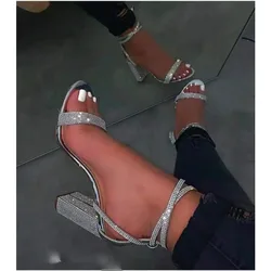 2025 Shiny Gold Silver Women's Sandals Summer Crystal High Heels Party Shoes Woman Comfortable Thick Heel Slides Sandalias Mujer