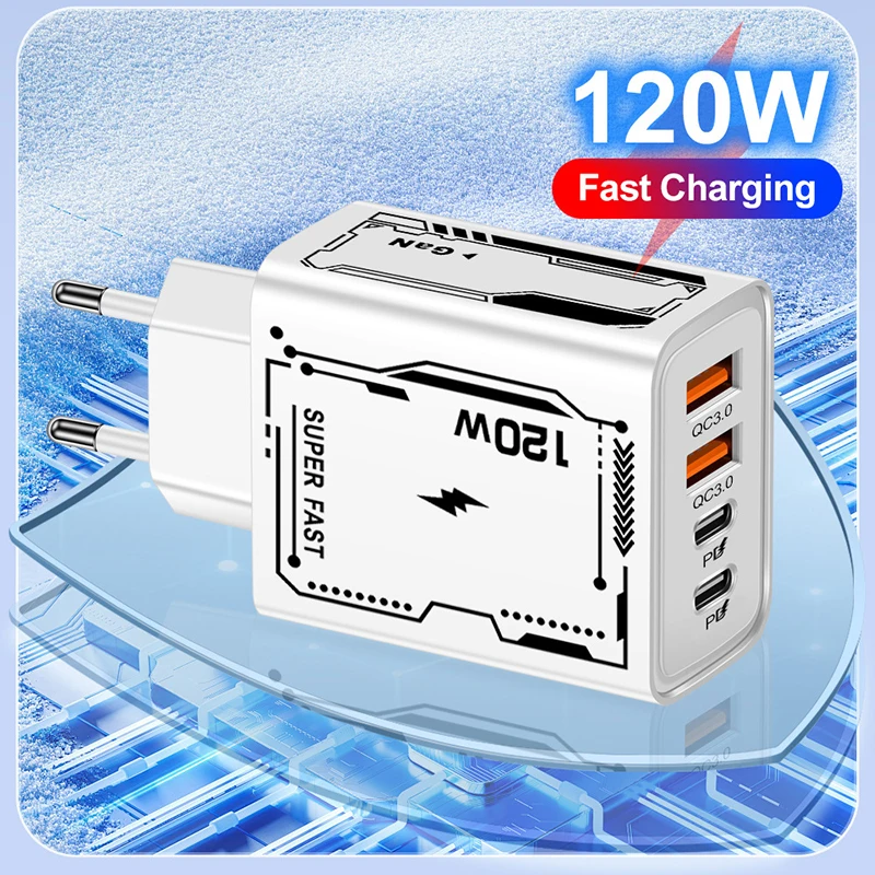 120W Super Fast Charger 4 Port USB C PD Ultra Quick Charging USB 3.0 Type C EU US Plug Charger For iPhone Huawei Samsung 2025