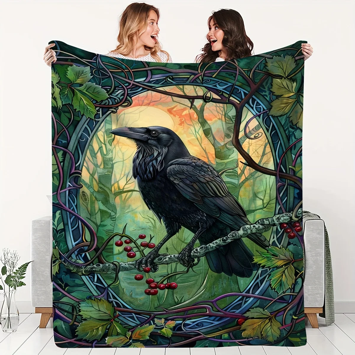 Highly Detailed Gothic Raven Botanical Woodland Throw Blanket Fall Autumn Aesthetic Witchy Nature Plush Couch Decor