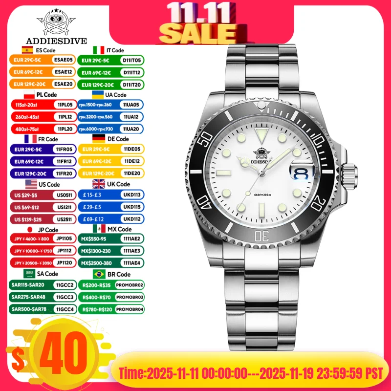 

ADDIESDIVE New Quartz Watch 316L Stainless Steel Blue luminous 20Bar часы мужские наручные Waterproof reloj hombre Men Watches