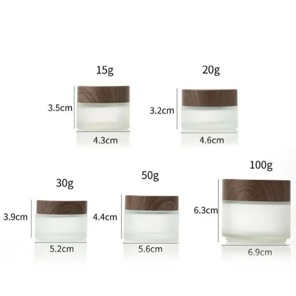 Frosted Glass Cream Jar 5/10/15/20/30/50/100g Dark Wood Grain Lid Cosmetic Sample Dispenser Screw Cap Empty Container for Travel