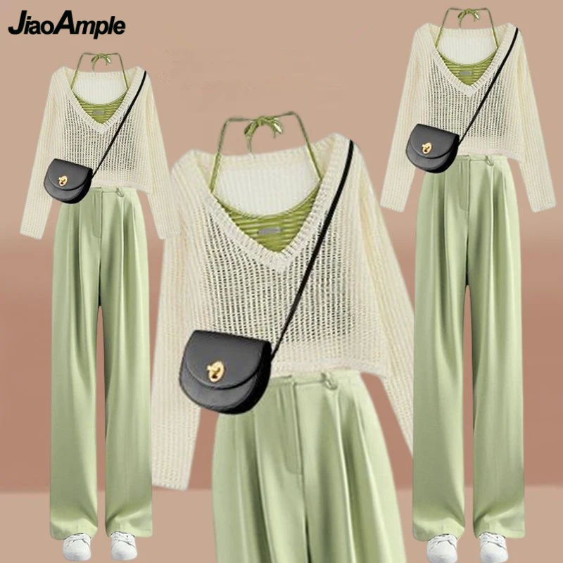 2024 Spring Summer Women Green Clothing Outfits Korean Lady Fashion Hollow Out Knit Tops Sling Vest High Waist Pants 3 Pcs Sets