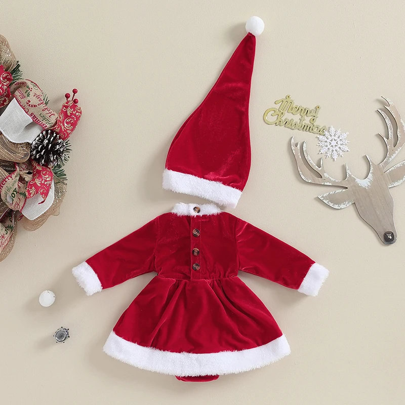 Suefunskry Baby Girls Christmas Romper Plush Trim Round Neck Long Sleeve Belt Bodysuit Hat Newborn Velvet Jumpsuits Costume