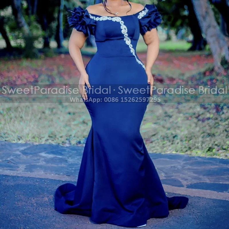 Royal Blue Mermaid Bridesmaid Dresses Appliques Beads Ruffles Off Shouder Customized Plus Size Long Sheath Wedding Party Dress