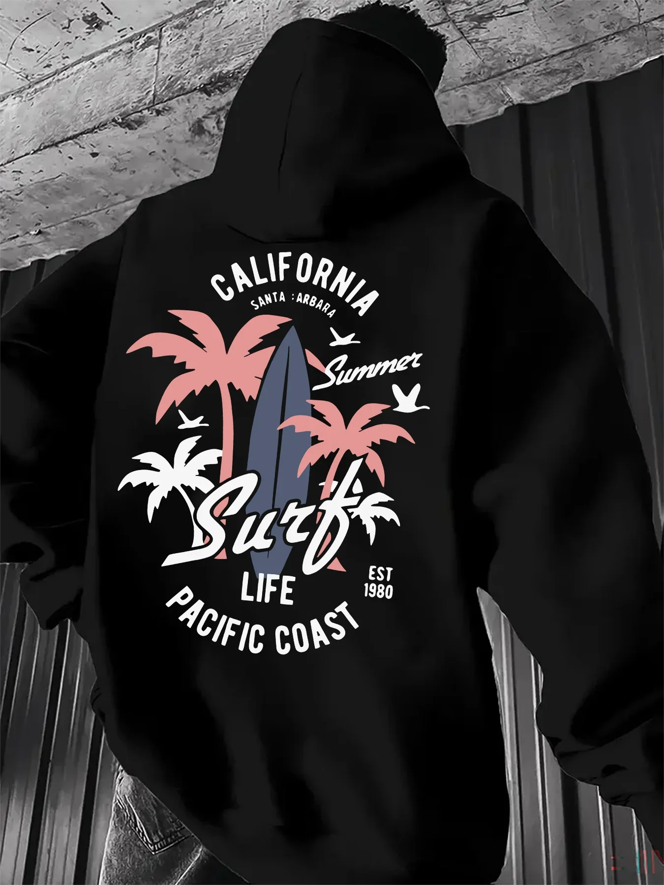 Sudadera con capucha California Pacific Coast Surf Life con estampado en la espalda para hombre y mujer, estilo vintage con palmeras y tablas de surf, ropa urbana holgada de forro polar con capucha