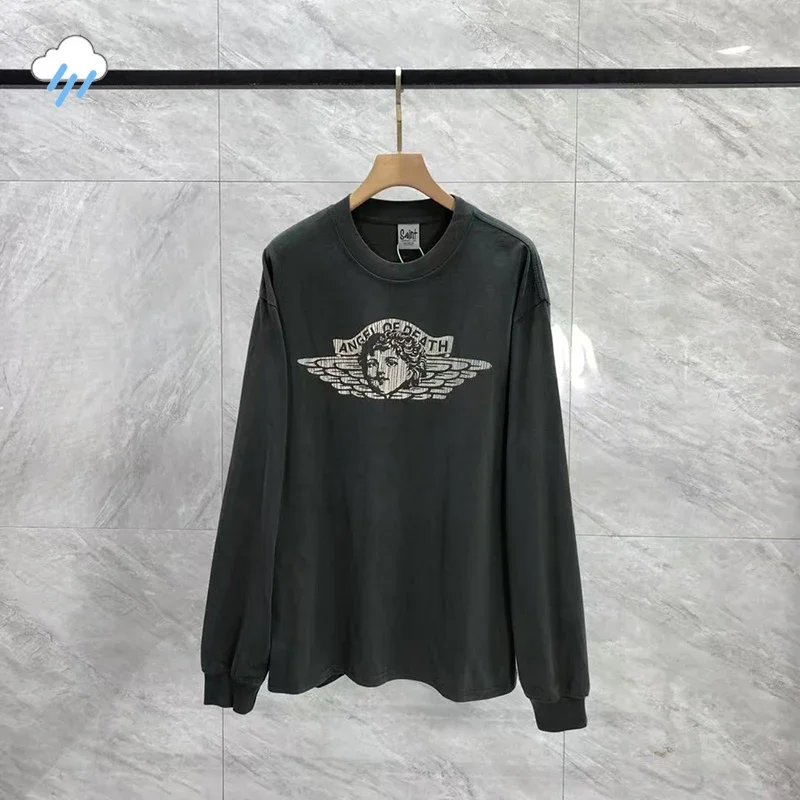 

High Street Vintage Washed Black Cracked Graphics Logo Print Saint Long Sleeve T-Shirt Men Women Cotton Oversized T Shirt Tops