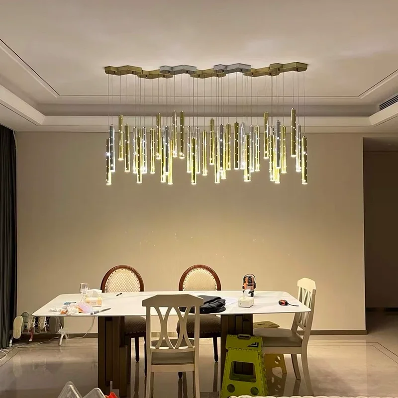 lustre led de luxo moderno com tubo longo dourado e prateado iluminacao combinada sala de estar sala de jantar decoracao suspensao 01