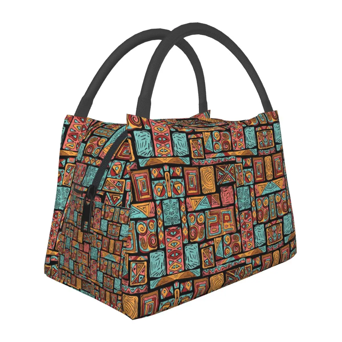 Vintage Ethnic Lunch Bag Patchwork Print Picnic Lunch Box For Men Funny Print Thermal Tote Handbags Waterproof Cooler Bag