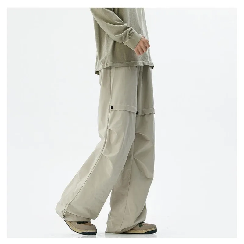 Preppy Style Vintage Solid Color Elastic Men's Clothing High Waisted Pockets Loose Spring Autumn Trousers Wide Leg Cargo Pants