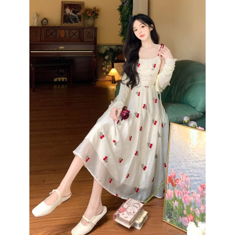 2024 Summer New French Seaside Vacation Style Floral Strap Dress Long-Sleeved-Proof Cardigan Two-Piece Suit