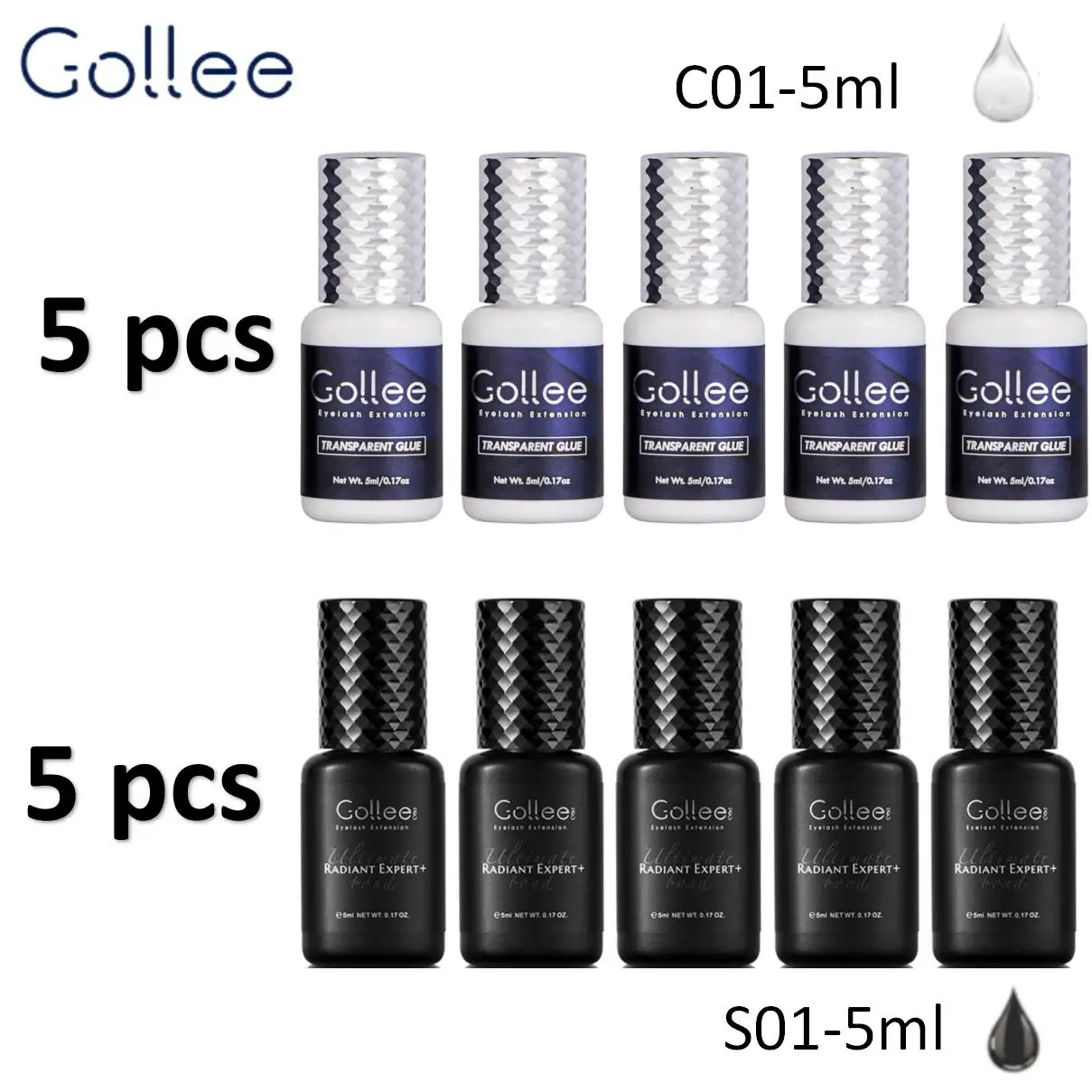 Gollee 5 Stück Roter Schnelltrocknender Wimpernverlängerungskleber und 5 Stück Schnelltrocknender Master-Kleber für Wimpernverlängerung Großhandel für Salons