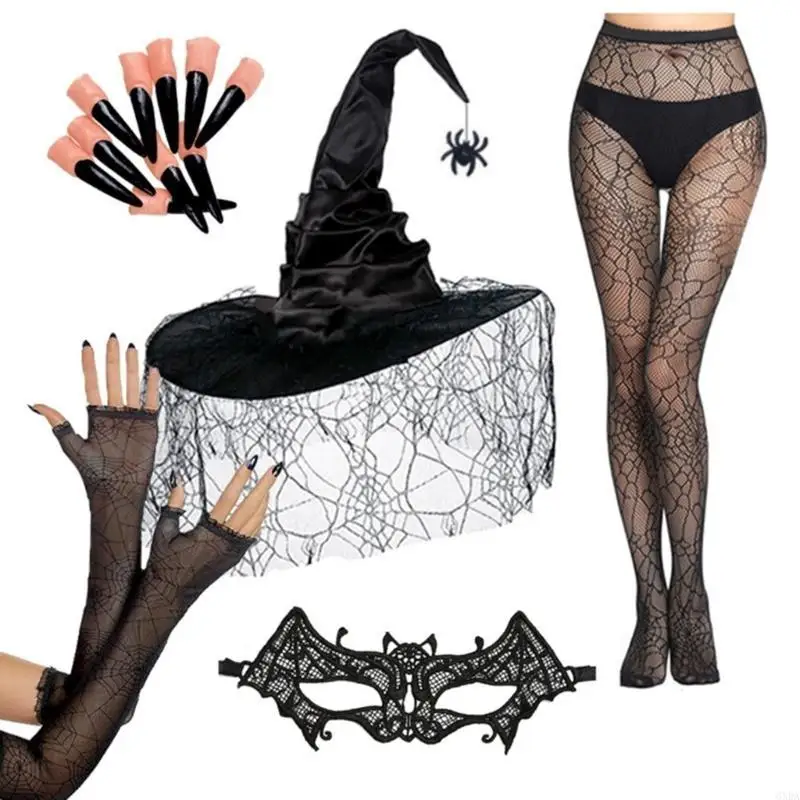 Spiders Web Veil Witch Hat Costume Set With Gloves Arm Sleeves Lace Mask For Halloween Cosplay Party 6XDA