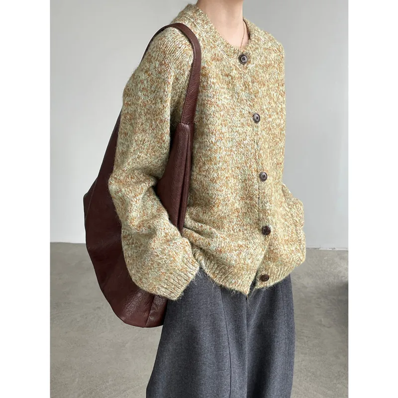 

Женский шерстяной вязаный кардиган, осенне-зимний корейский однобортный свитер с круглым вырезом, пальто