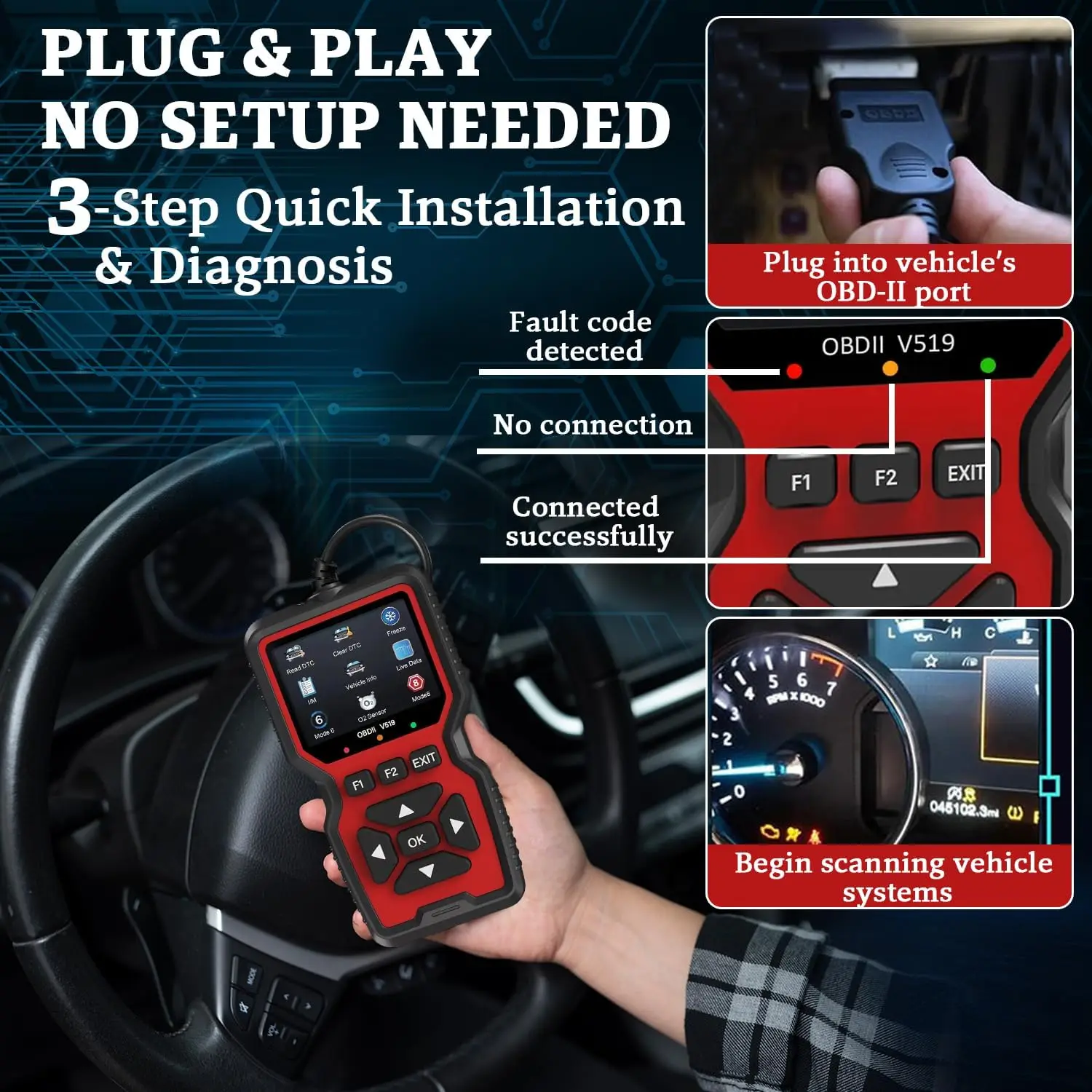 OBD2 V519 Scanner 2025 - OBDII CAN Code Reader, Live Data, Battery Test, 40K+ DTC, I/M Readiness, Check Engine Light & Smog Test
