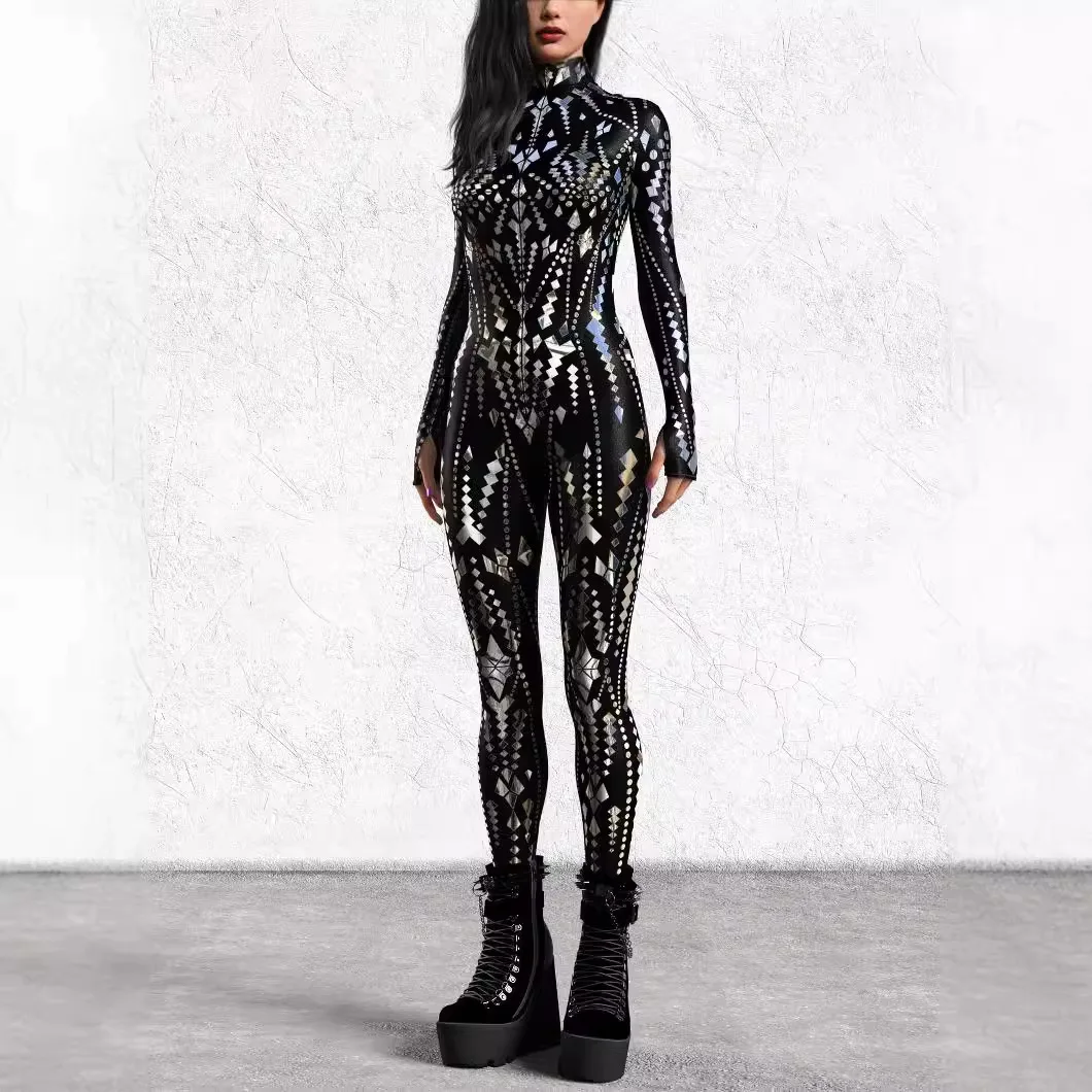 Combinaison noire punk pour femmes, impression numérique 3D, lignes irrégulières, adultes, cosplay, batterie, carnaval, fête, unisexe, cyclisme, Catsuit, 2024