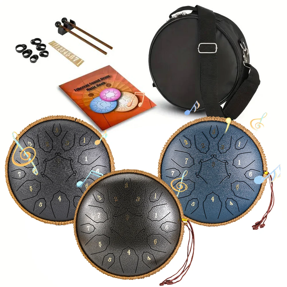 

12 Inch Music Drum with Handbag Drumsticks 15 Notes Steel Tongue Drum Yoga Meditation Sound Healing D Tone Ethereal Drum
