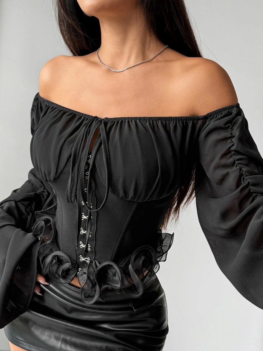 

SsTss French Sexy Mesh Lace-Up Corset Top Women Black Off Shoulder Long Sleeve Front Buckle Slim Ruched Ruffle Hem Boned T Shirt