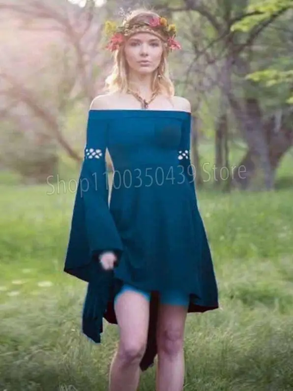 Adult Female Medieval Elf Victorian Costume Princess Robe Dress Sexy One Line Neck Strap Waist Corset Dress