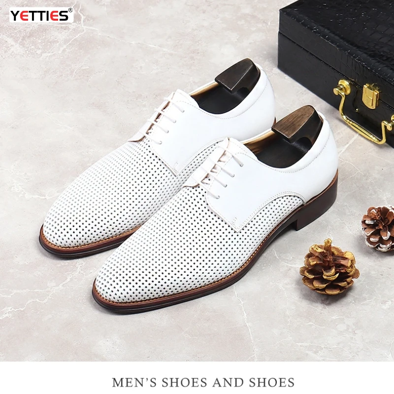 

Men's Business Casual Oxford Shoes Real Cow Leather Comfortable Breathable Hollow Soft Leather Summer Shoes White Wedding Shoes