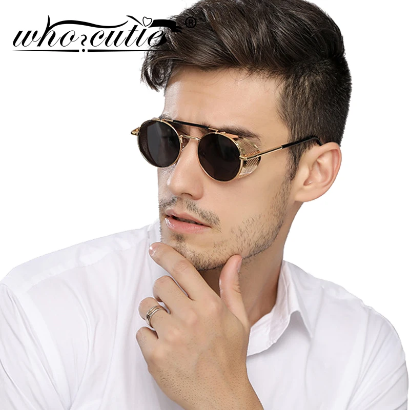 WHO CUTIE 2018 Round Steampunk Goggles Sunglasses Men Brand Designer Vintage Retro Circle Metal Iron Man Punk Sun Glasses OM143