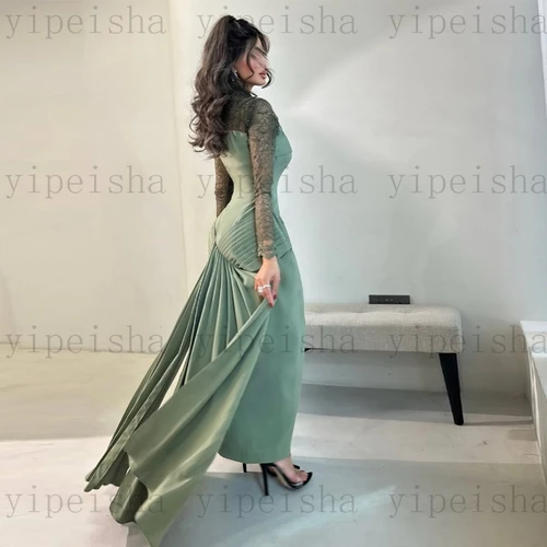 Imagen 2 del producto Vestidos de Noche de cuello alto personalizados, vestido de fiesta de manga larga de encaje hasta el tobillo con abertura frontal, vestido de fiesta recto plisado moderno