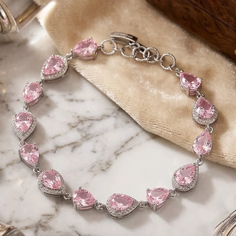 11x9mm 12.7g Multi Color Raspberry Rhodolite Garnet Violet Golden Citrine Pink Kunzite White CZ Women Silver Bracelet 7-8.5inch