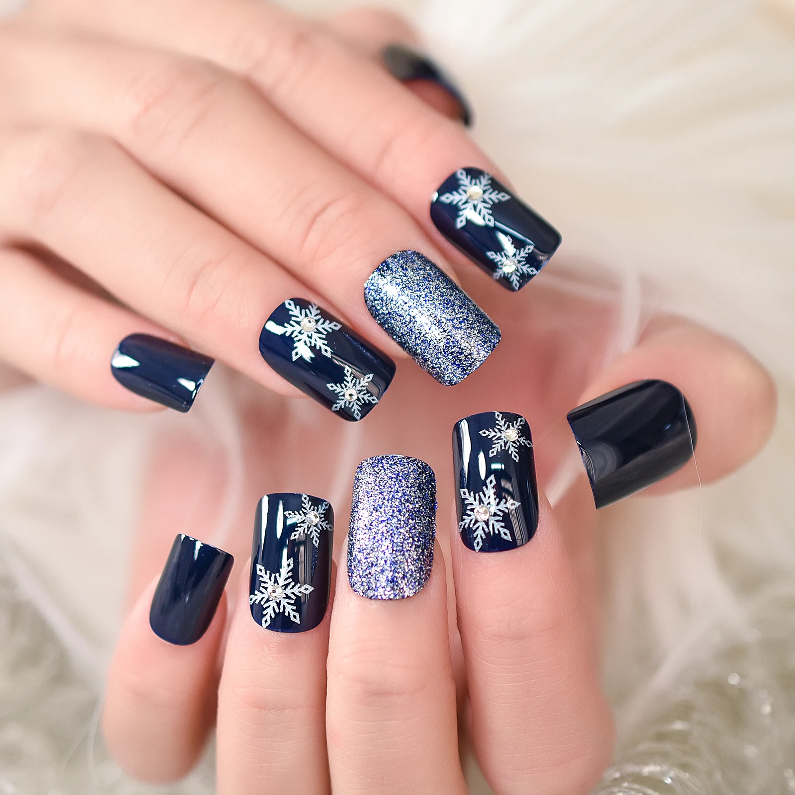 Medium Square Deep Blue Fingernail Tips Press On Nail Tips Snow Fall Pattern Manicure At Home Fake Nails Art With Tools