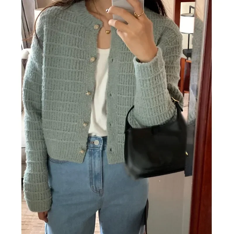 Long Sleeved Sweater For Women Elegant Tweed Knitted Cardigan Loose Fit Casual Solid Color Outer Wear Spring Autumn All-Match