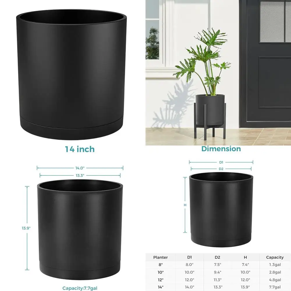 

14-Inch Large Matte Black Cylinder Planter with Drainage and Detachable Saucer, Suitable for Indoor & Outdoor Plants