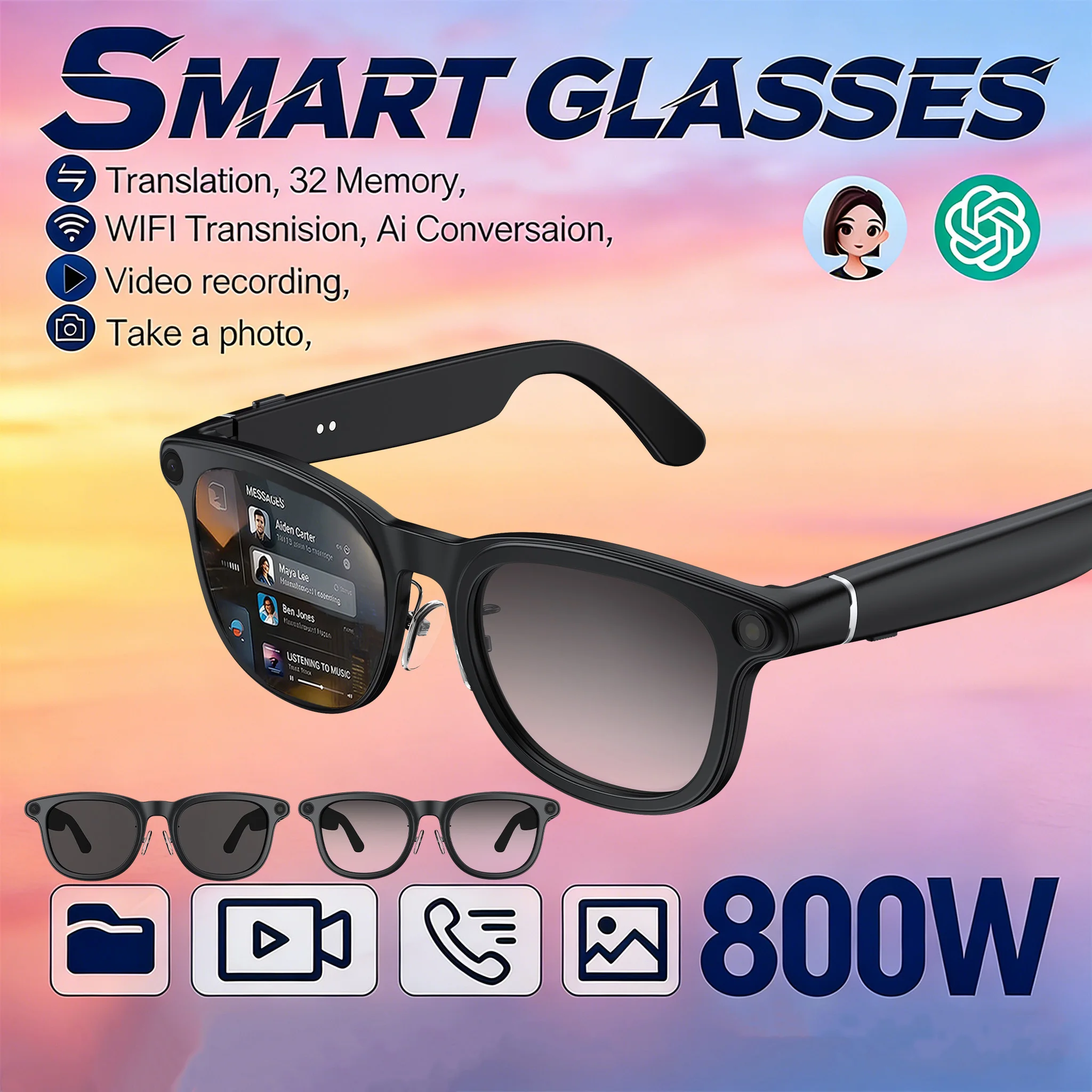 

Новые умные очки-камера 2026 года: фото 800 МП, запись 1200P HD, Bluetooth 5.3, голосовой помощник с ИИ, синхронный перевод