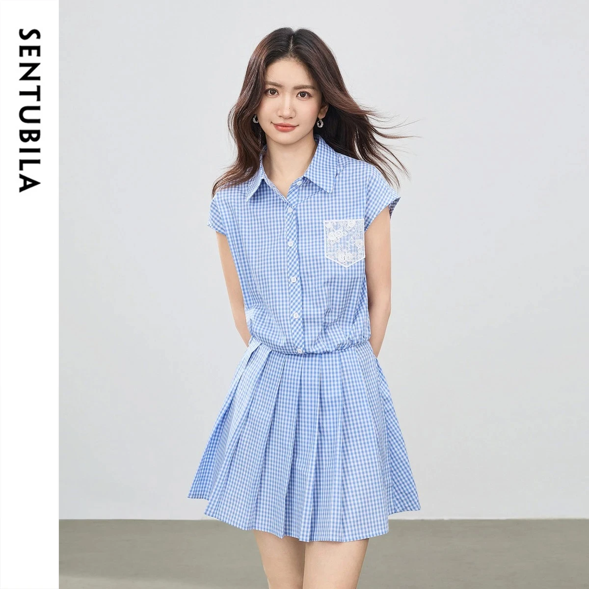 SENTUBILA Summer Plaid Shirt Dress Set Women 2026 Pure Cotton Lace Spliced Mini Pleated Dress with Shorts 2 Piece Sets W62LA6911