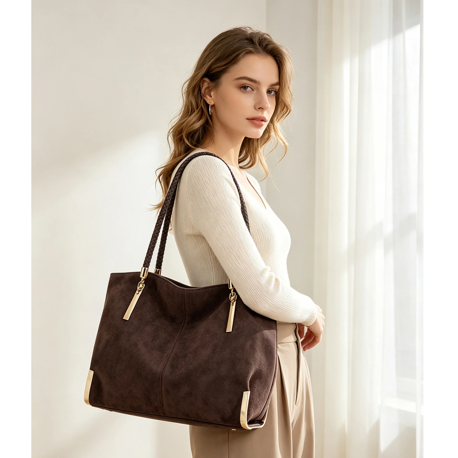FOXER Vintage Suede Shoulder Bag For Women Cowhide Leather Large Capacity Ladies Tote Bag Fashion Commuter Handbag Purse