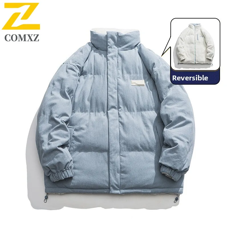 

​Men Double Sided Wear Jacket Winter Thermal Puffer Windproof Korean Style Loose Fit Streetwear Parka with Detachable Hood​ Coat