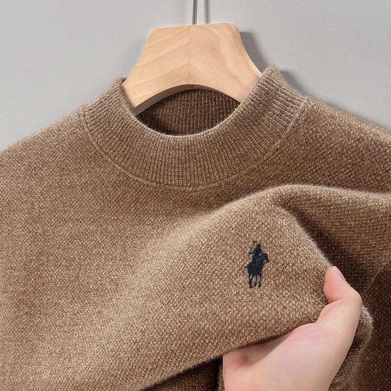 Designer Autumn/Winter Half High Collar Men's Embroidery Pullover Knitwear Fashion Ferret Fleece Thickened Warm Plush Sweater