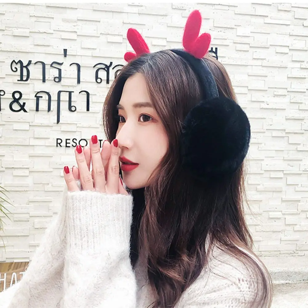 Winter Warm Plush Earmuffs Foldable Fluffy Earflaps Casual Cute Antlers Ear Warmer for Men Women